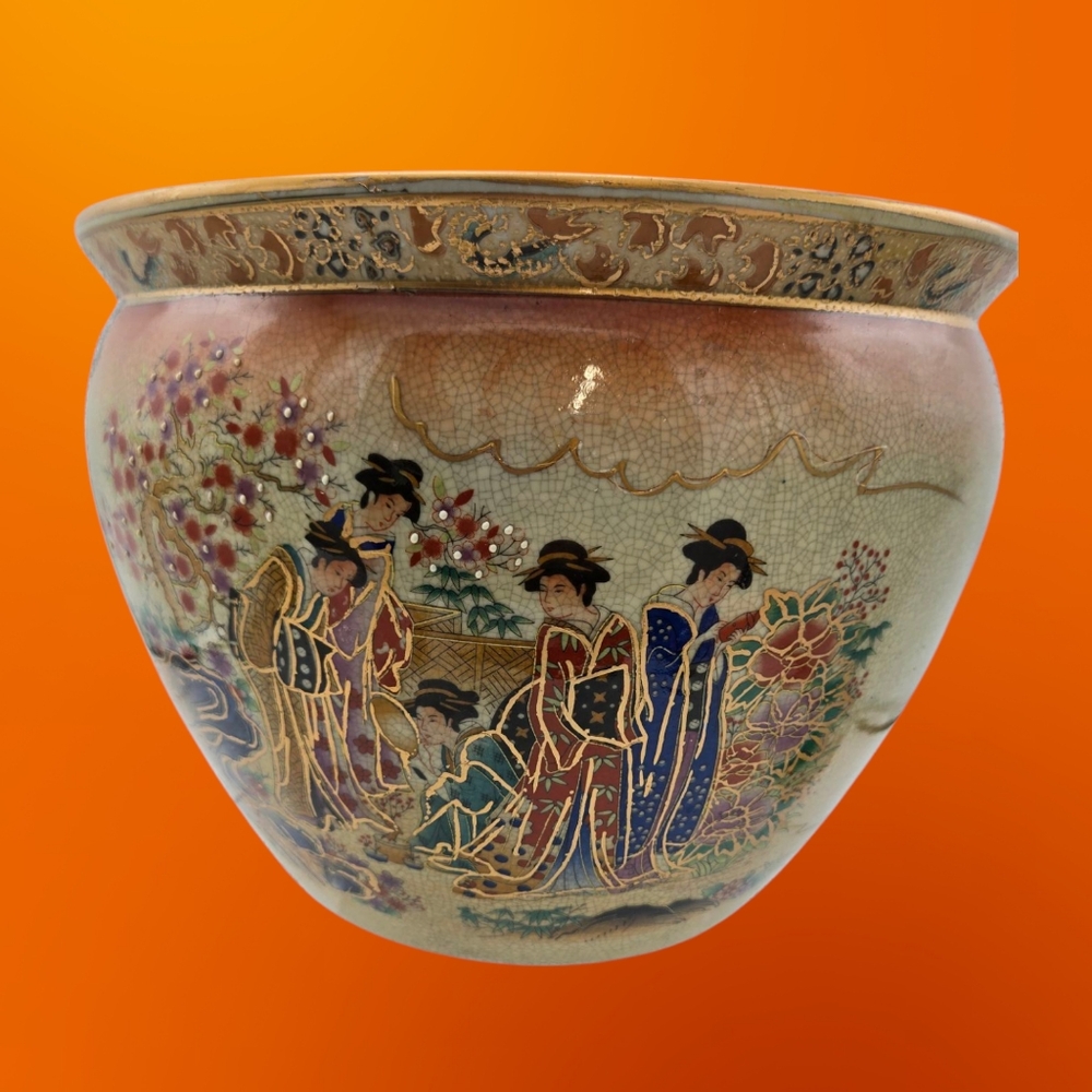 MCM Vintage Satsuma Moriage Porcelain Koi Fish Bowl Pot Geisha Hand Painted